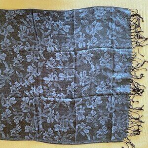 Elegant Navy Blue & Silver Floral Shawl Wrap - Rayon Blend w/ Metallic Shimmer